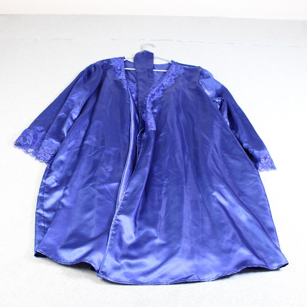 Amoureuse Robe Nightgown Set Women 1X Blue Satin Lace Kimono Belt 2 Piece Linger